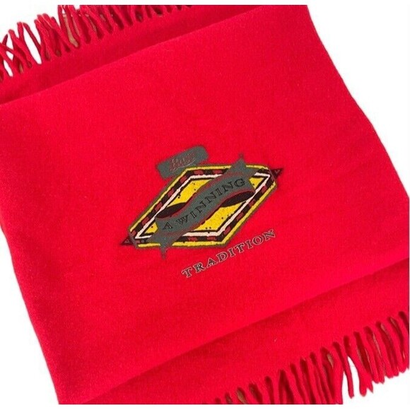 FARIBO Wool Large Red Fringe Picnic Blanket Throw Bass Brushed Felt Logo Vintage - Picture 1 of 8